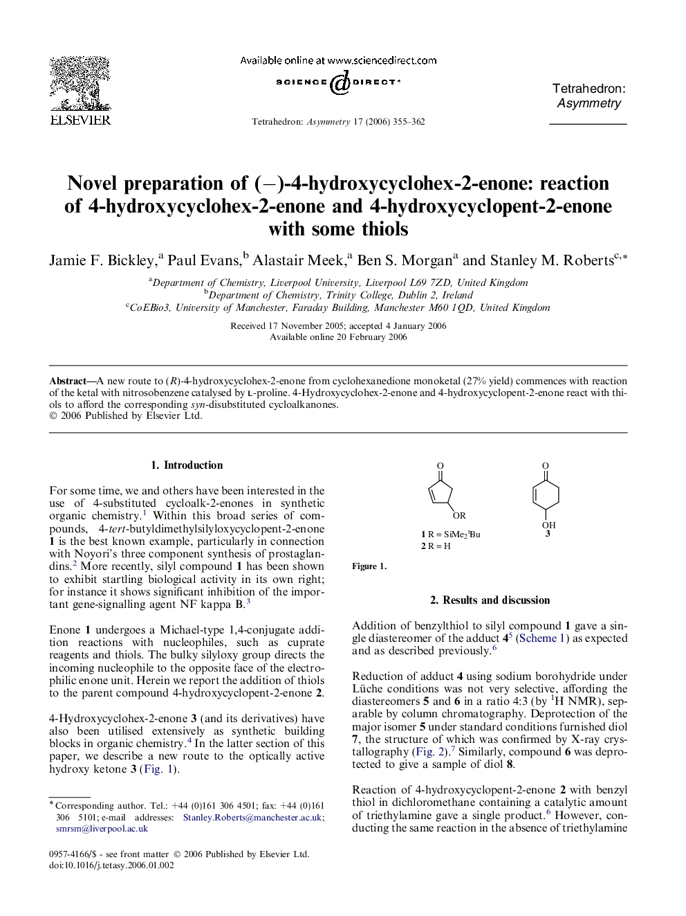 عکس صفحه اول مقاله: Novel preparation of (−)-4-hydroxycyclohex-2-enone: reaction of 4-hydroxycyclohex-2-enone and 4-hydroxycyclopent-2-enone with some thiols Novel preparation of (−)-4-hydroxycyclohex-2-enone: reaction of 4-hydroxycyclohex-2-enone and 4-hydroxycyclopent-2-enone with some thiols