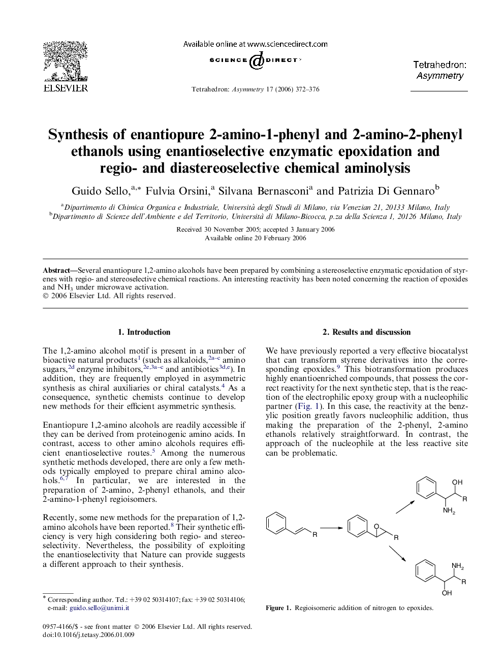 Synthesis of enantiopure 2-amino-1-phenyl and 2-amino-2-phenyl ethanols using enantioselective enzymatic epoxidation and regio- and diastereoselective chemical aminolysis