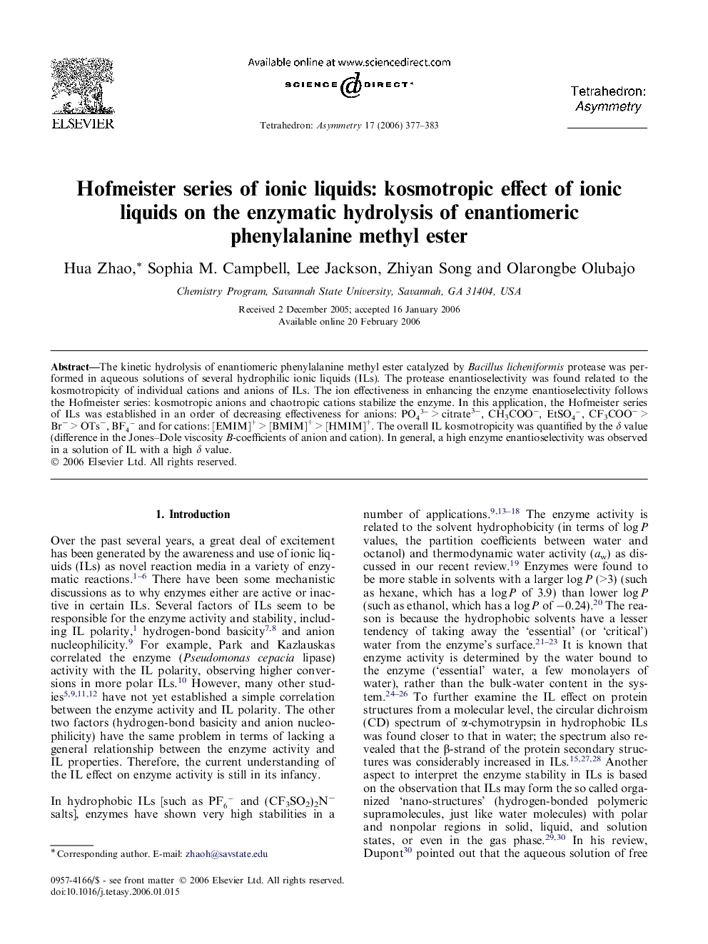 Hofmeister series of ionic liquids: kosmotropic effect of ionic liquids on the enzymatic hydrolysis of enantiomeric phenylalanine methyl ester