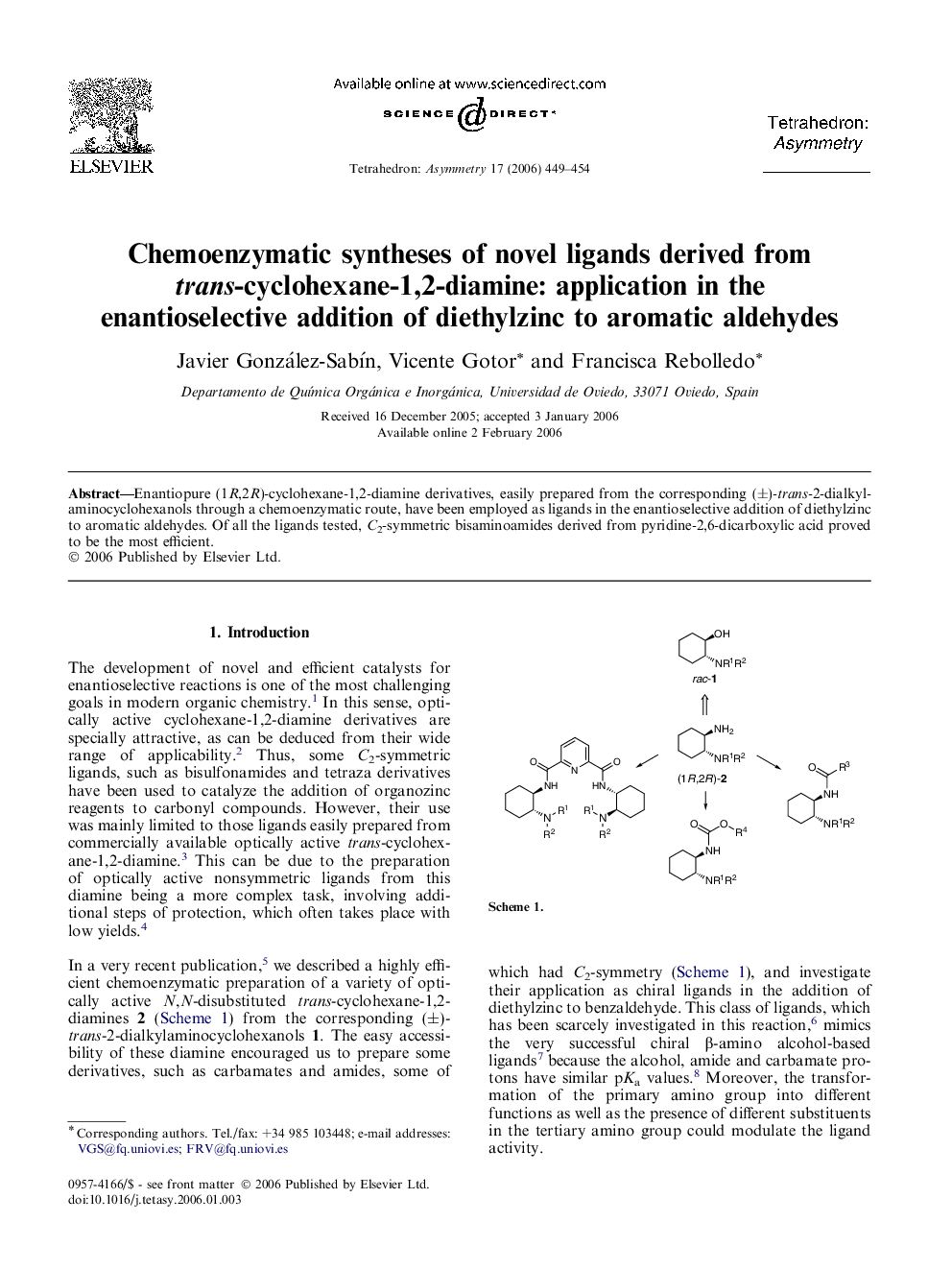Chemoenzymatic syntheses of novel ligands derived from trans-cyclohexane-1,2-diamine: application in the enantioselective addition of diethylzinc to aromatic aldehydes