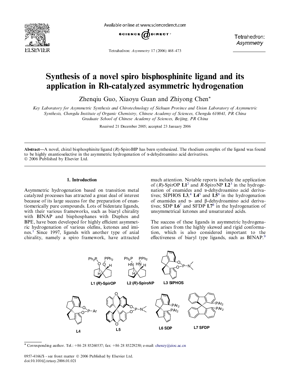 Synthesis of a novel spiro bisphosphinite ligand and its application in Rh-catalyzed asymmetric hydrogenation