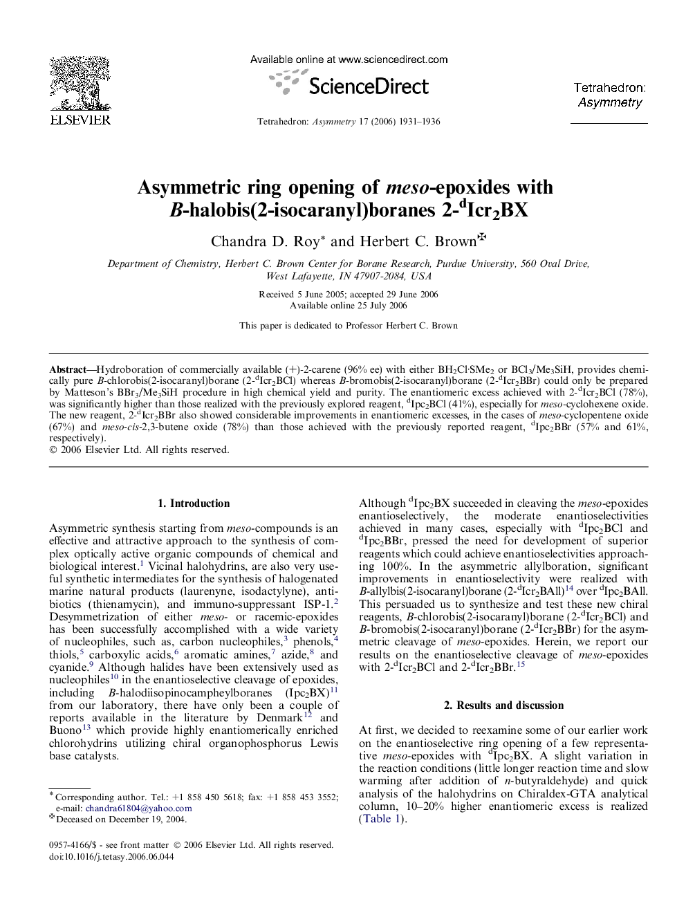 Asymmetric ring opening of meso-epoxides with B-halobis(2-isocaranyl)boranes 2-dIcr2BX