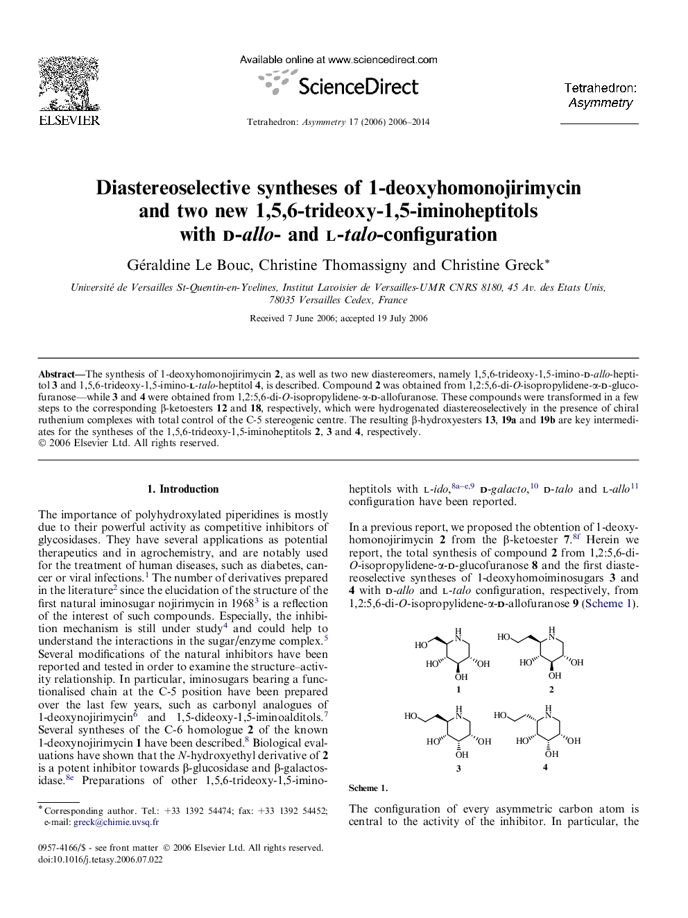 Diastereoselective syntheses of 1-deoxyhomonojirimycin and two new 1,5,6-trideoxy-1,5-iminoheptitols with d-allo- and l-talo-configuration