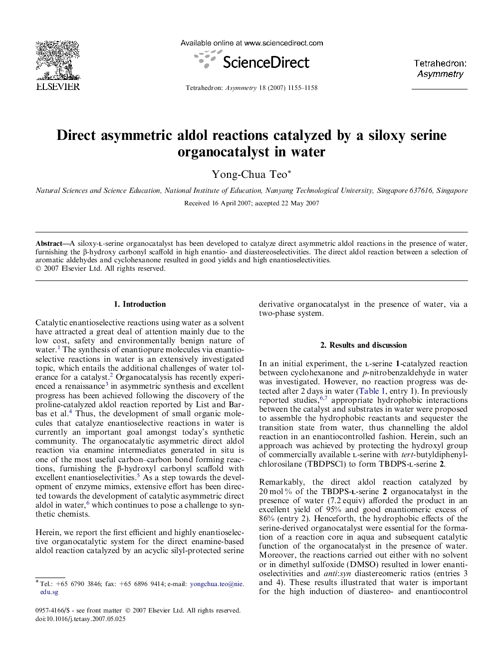 Direct asymmetric aldol reactions catalyzed by a siloxy serine organocatalyst in water