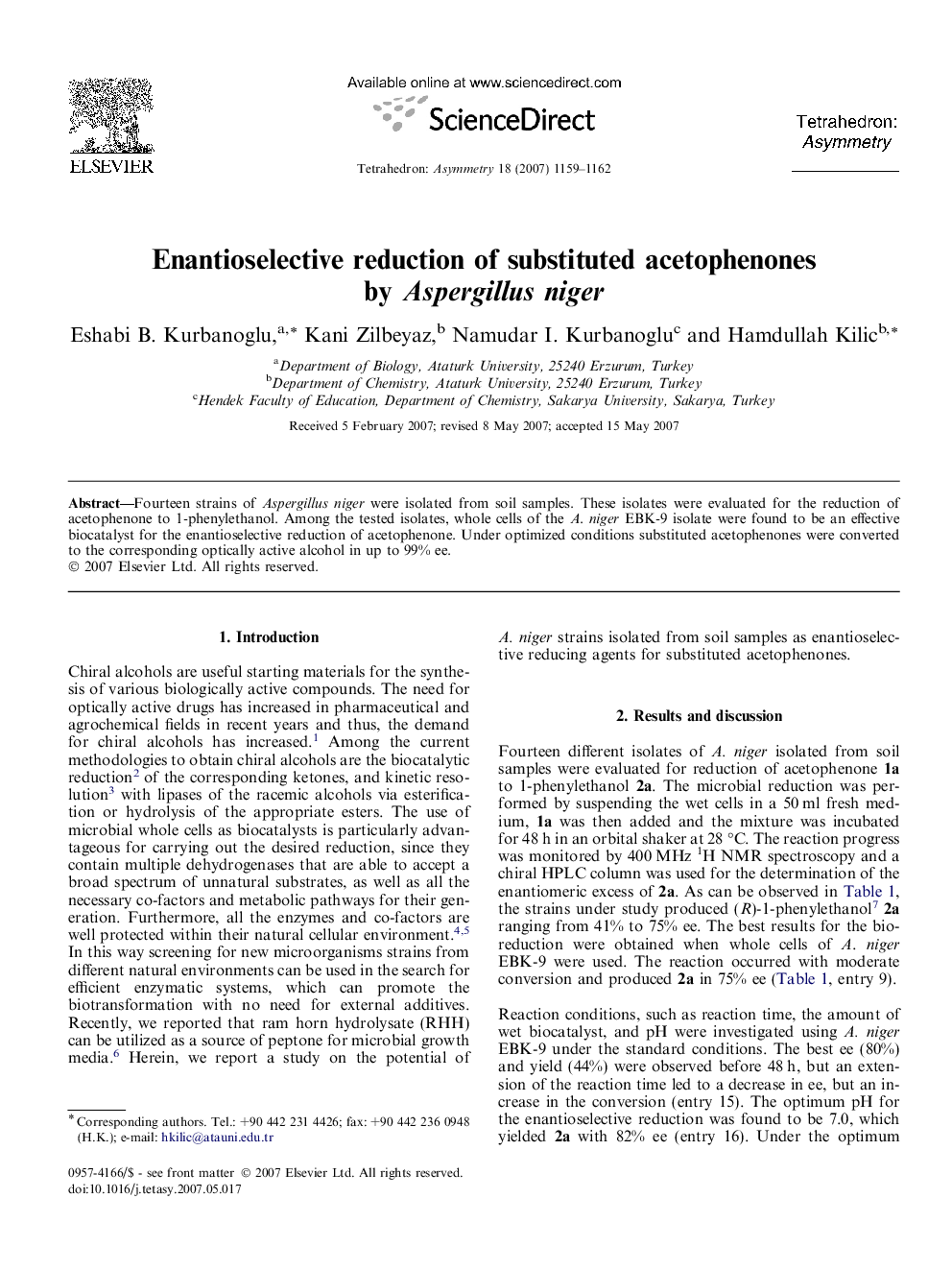 Enantioselective reduction of substituted acetophenones by Aspergillus niger