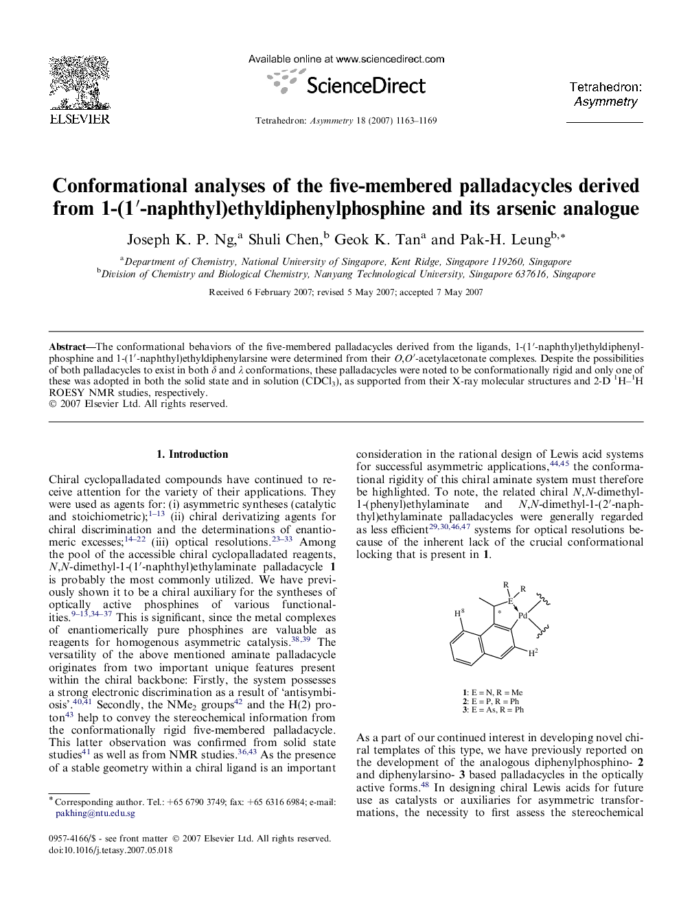 Conformational analyses of the five-membered palladacycles derived from 1-(1â²-naphthyl)ethyldiphenylphosphine and its arsenic analogue