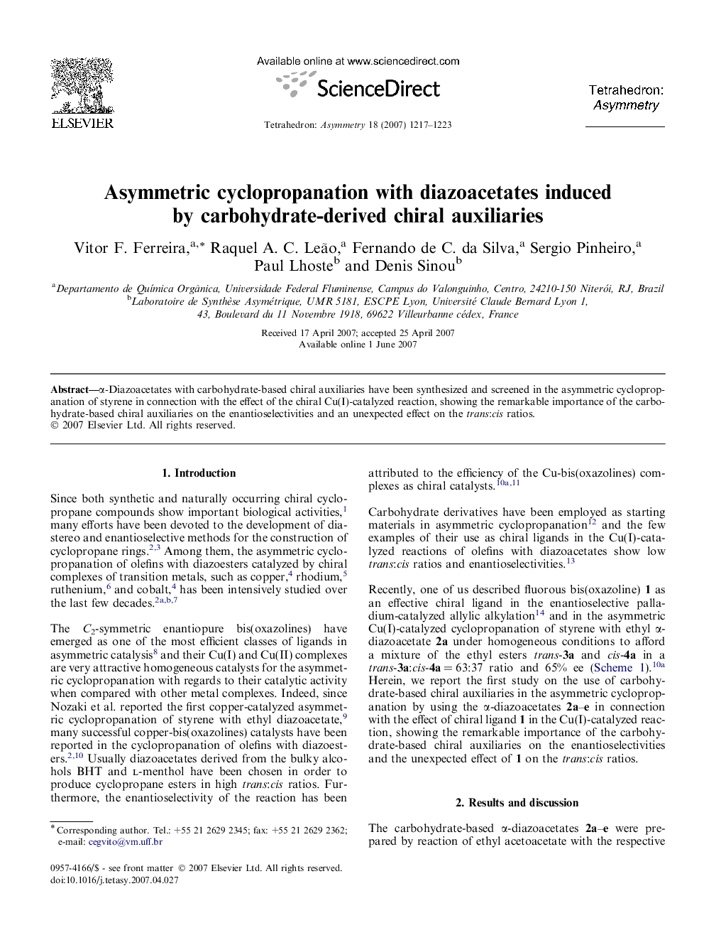 Asymmetric cyclopropanation with diazoacetates induced by carbohydrate-derived chiral auxiliaries