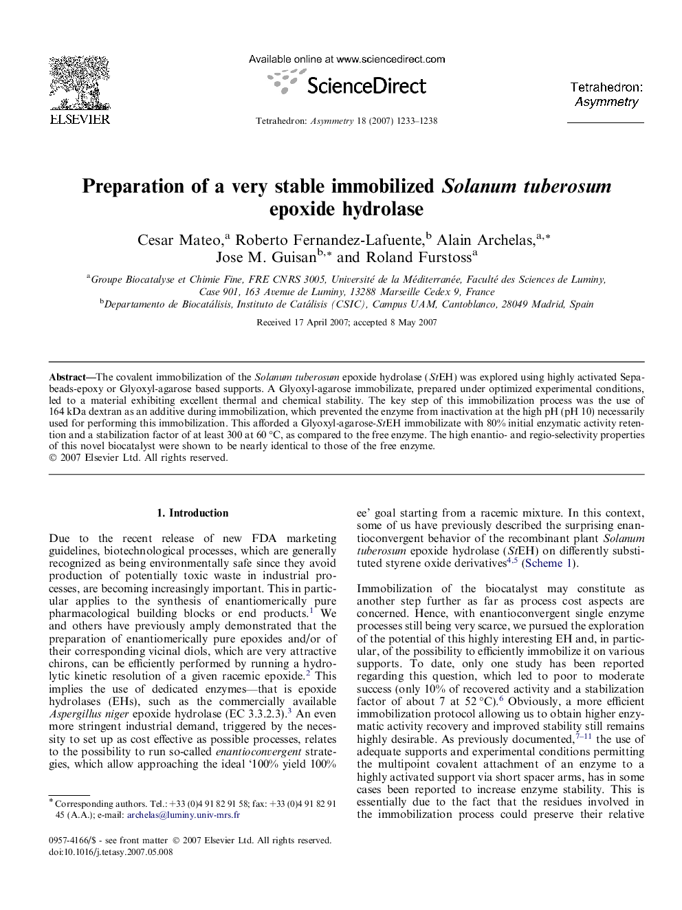 Preparation of a very stable immobilized Solanum tuberosum epoxide hydrolase
