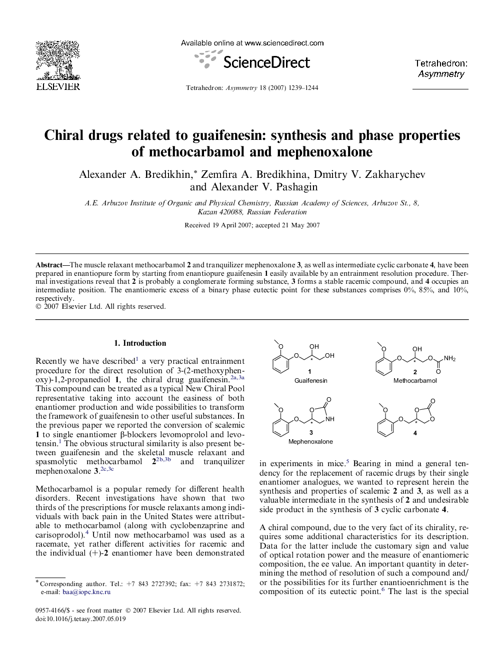 Chiral drugs related to guaifenesin: synthesis and phase properties of methocarbamol and mephenoxalone