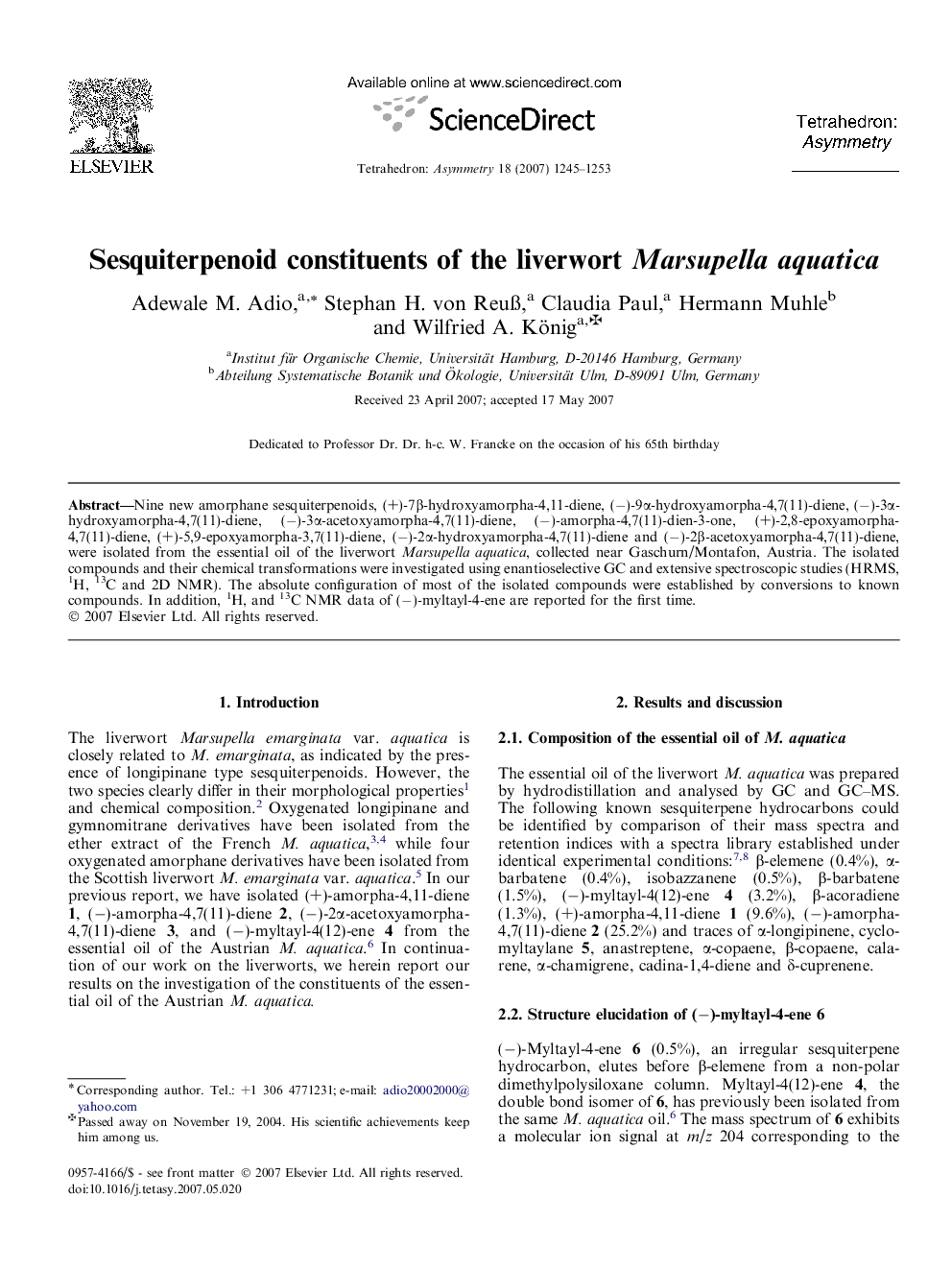 Sesquiterpenoid constituents of the liverwort Marsupella aquatica