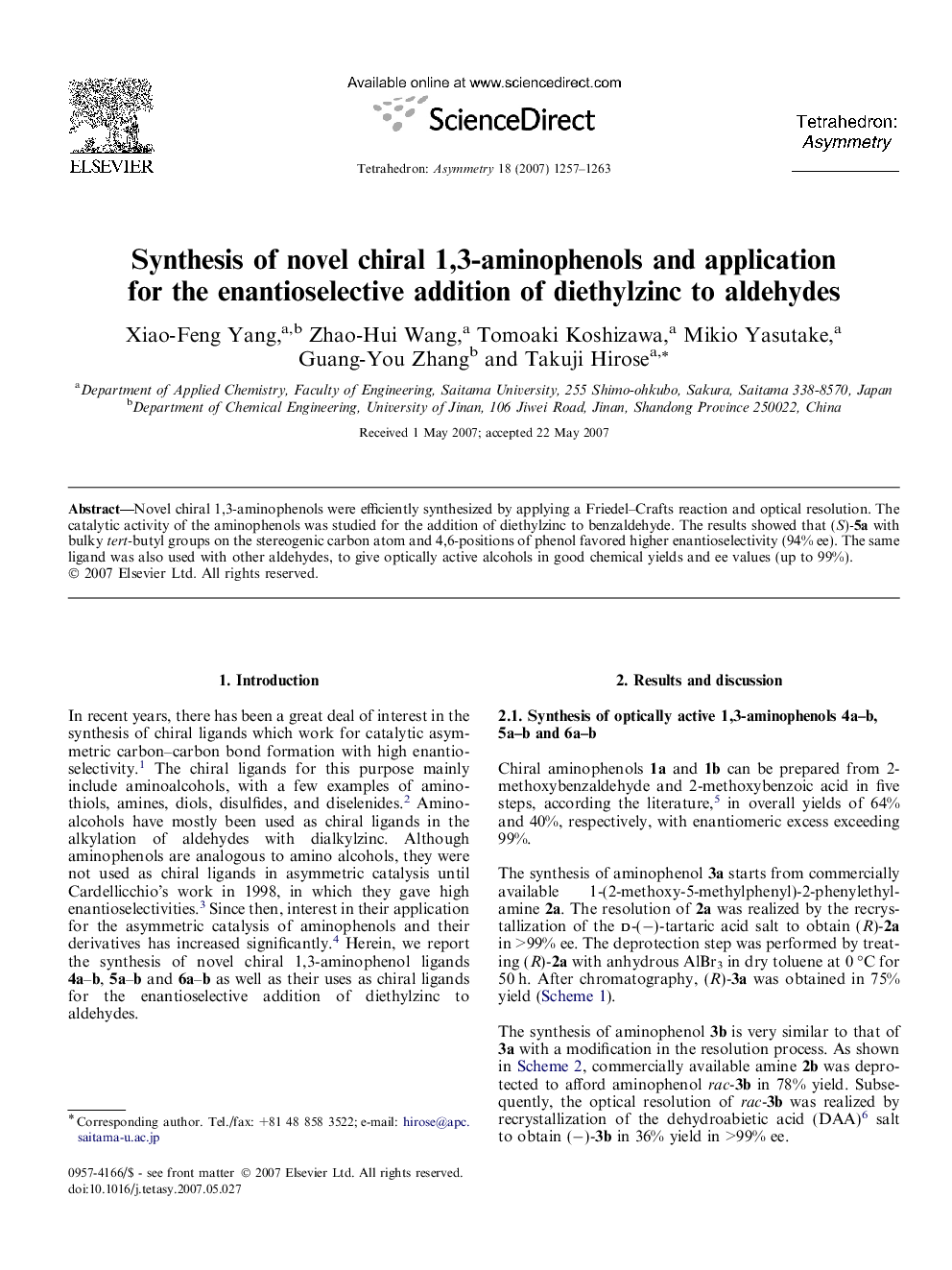 Synthesis of novel chiral 1,3-aminophenols and application for the enantioselective addition of diethylzinc to aldehydes