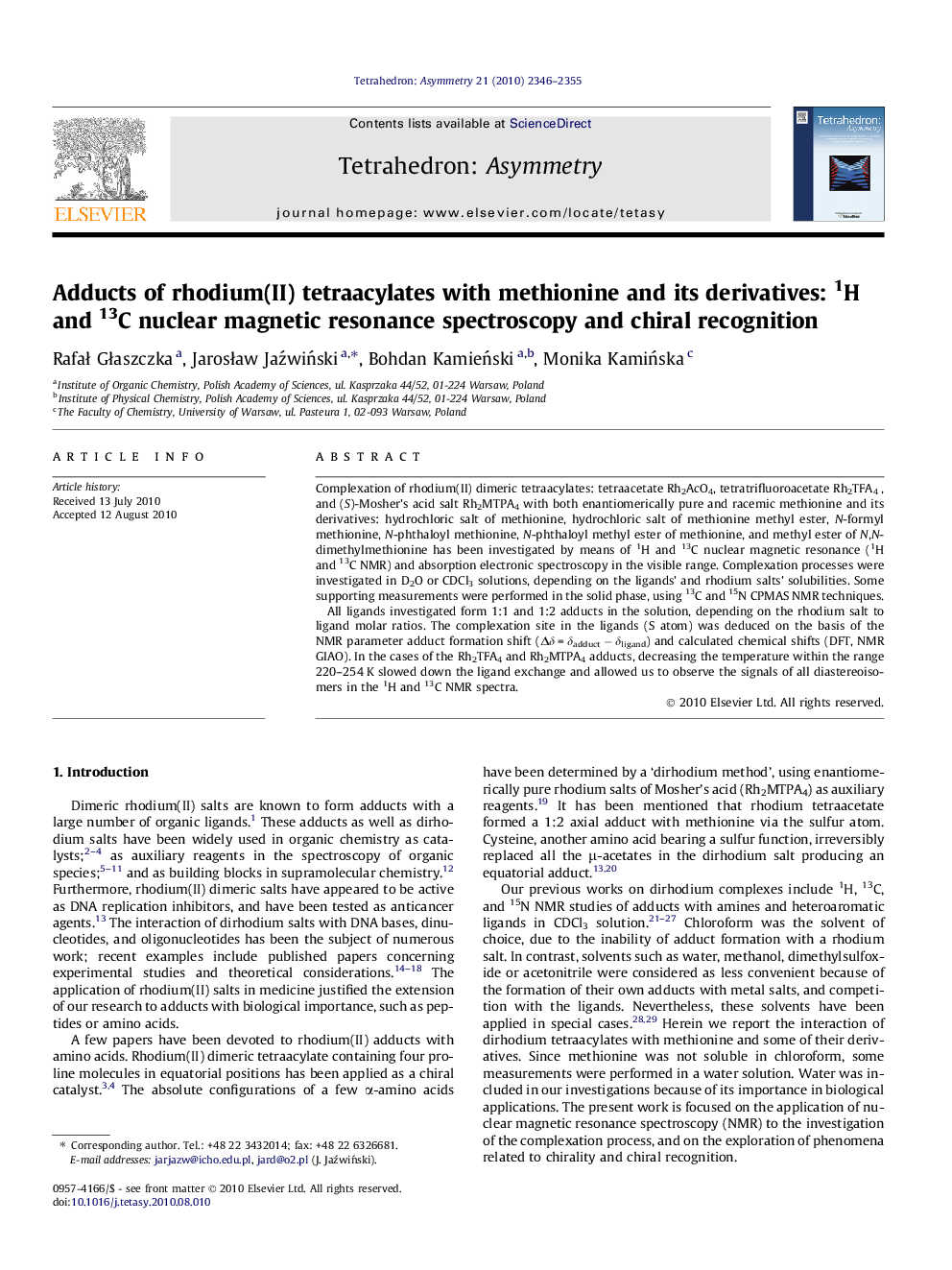 Adducts of rhodium(II) tetraacylates with methionine and its derivatives: 1H and 13C nuclear magnetic resonance spectroscopy and chiral recognition