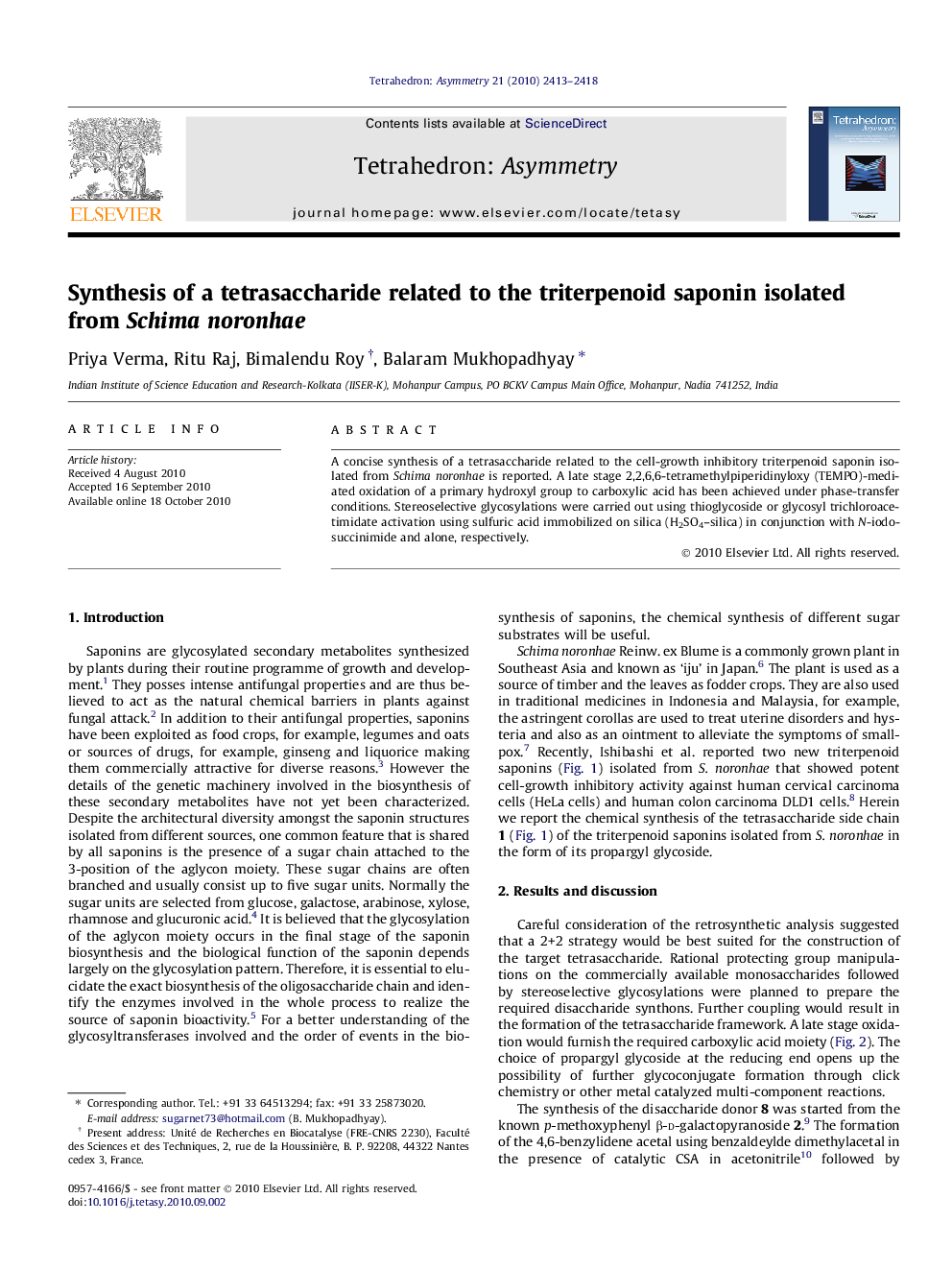 Synthesis of a tetrasaccharide related to the triterpenoid saponin isolated from Schima noronhae