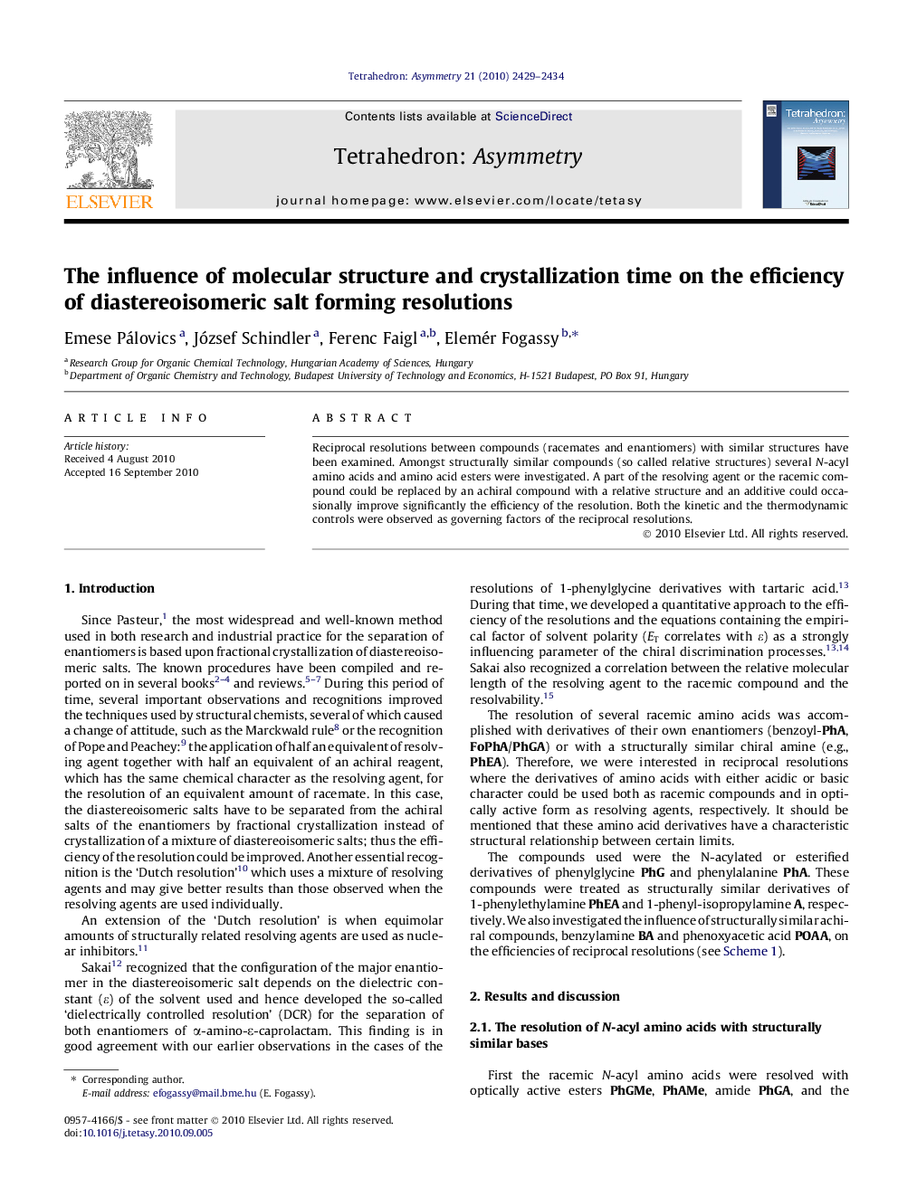 The influence of molecular structure and crystallization time on the efficiency of diastereoisomeric salt forming resolutions