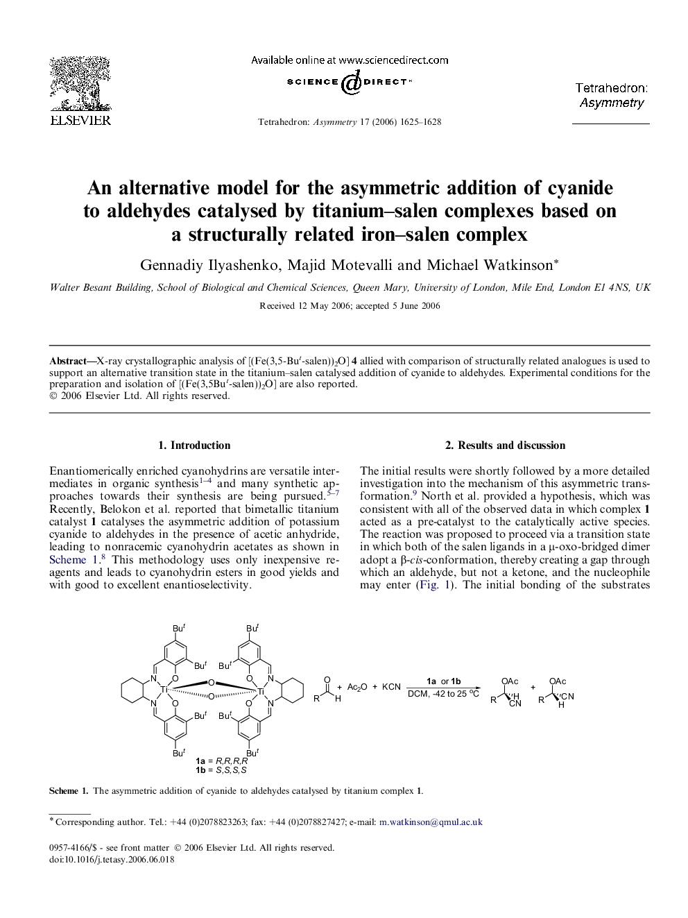 An alternative model for the asymmetric addition of cyanide to aldehydes catalysed by titanium–salen complexes based on a structurally related iron–salen complex