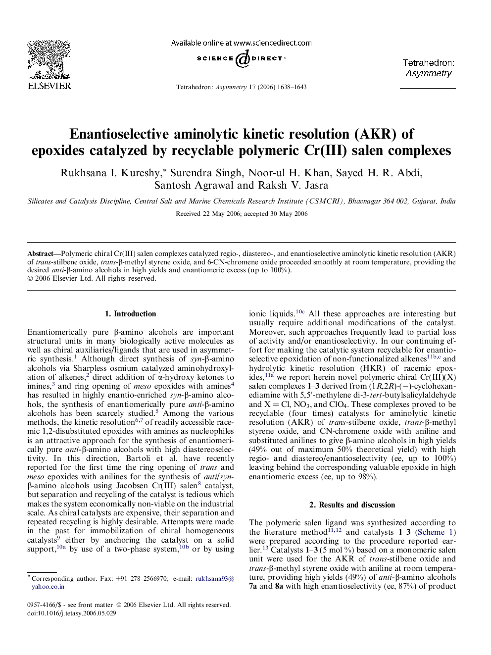 Enantioselective aminolytic kinetic resolution (AKR) of epoxides catalyzed by recyclable polymeric Cr(III) salen complexes