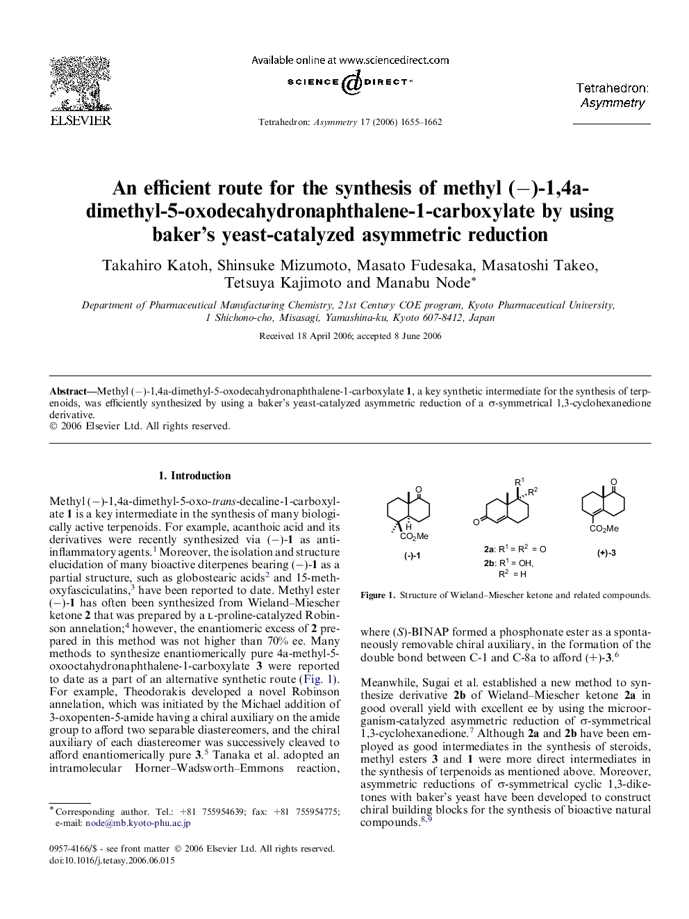 An efficient route for the synthesis of methyl (−)-1,4a-dimethyl-5-oxodecahydronaphthalene-1-carboxylate by using baker’s yeast-catalyzed asymmetric reduction