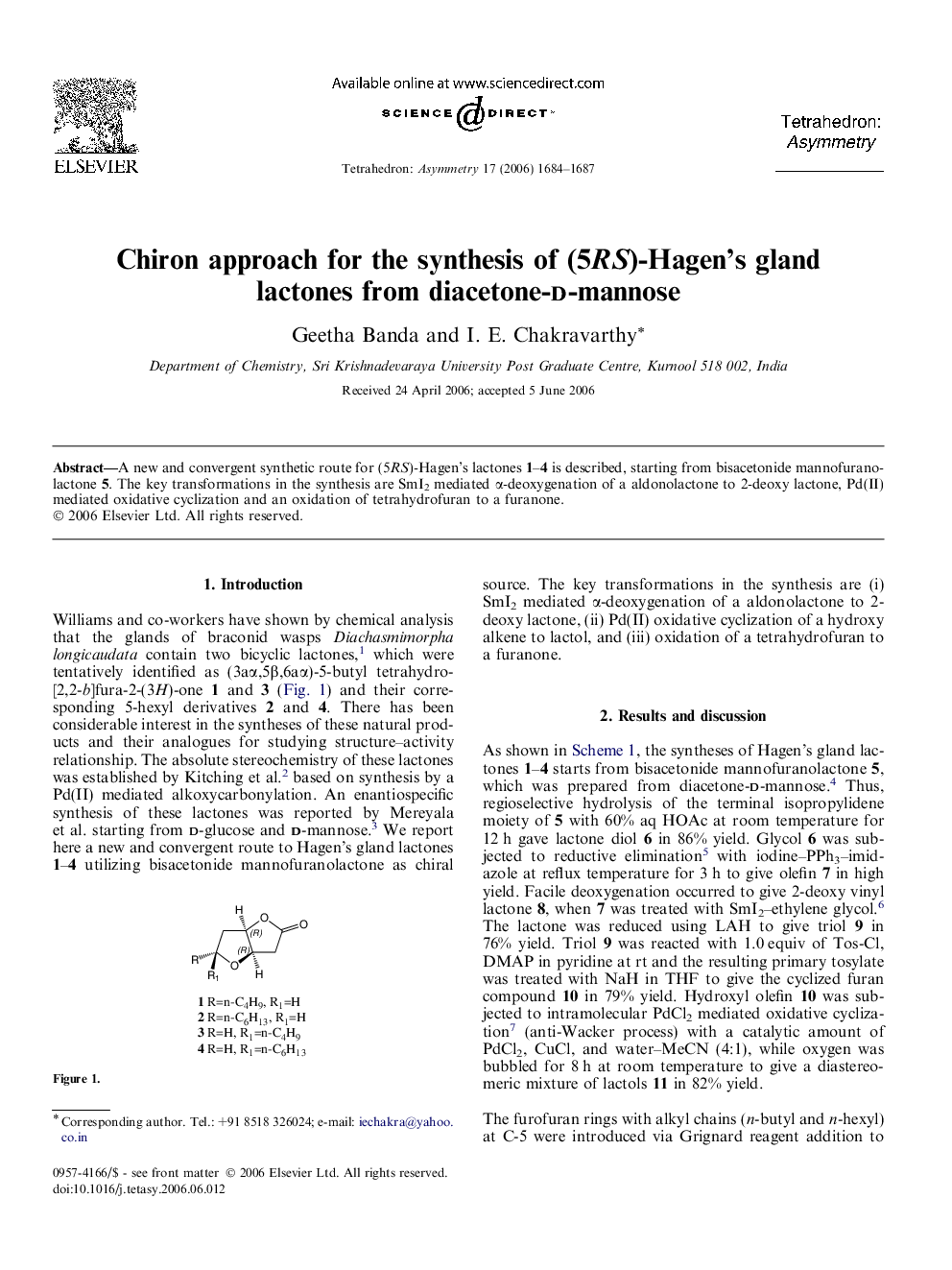 Chiron approach for the synthesis of (5RS)-Hagen’s gland lactones from diacetone-d-mannose