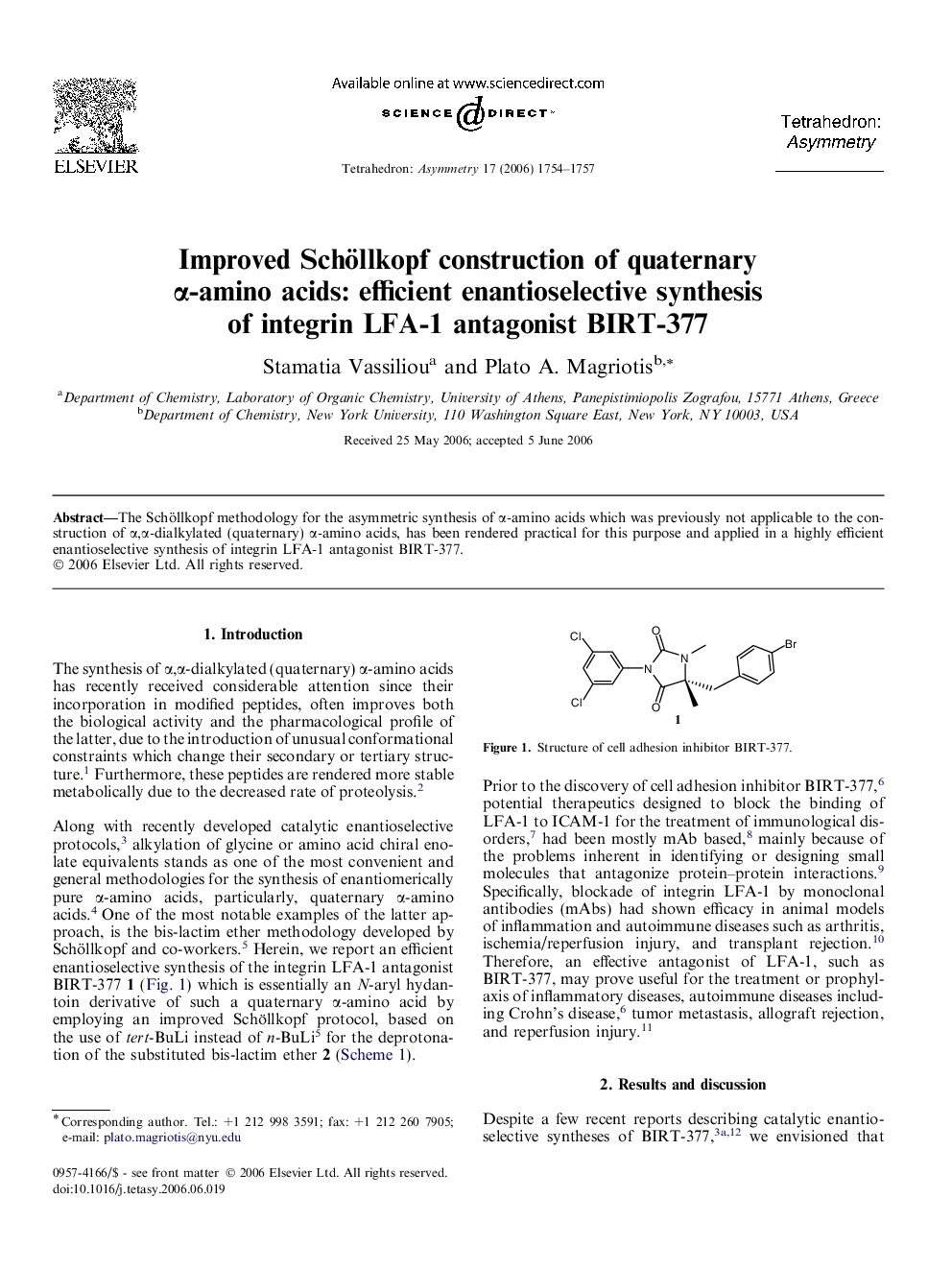 Improved Schöllkopf construction of quaternary α-amino acids: efficient enantioselective synthesis of integrin LFA-1 antagonist BIRT-377