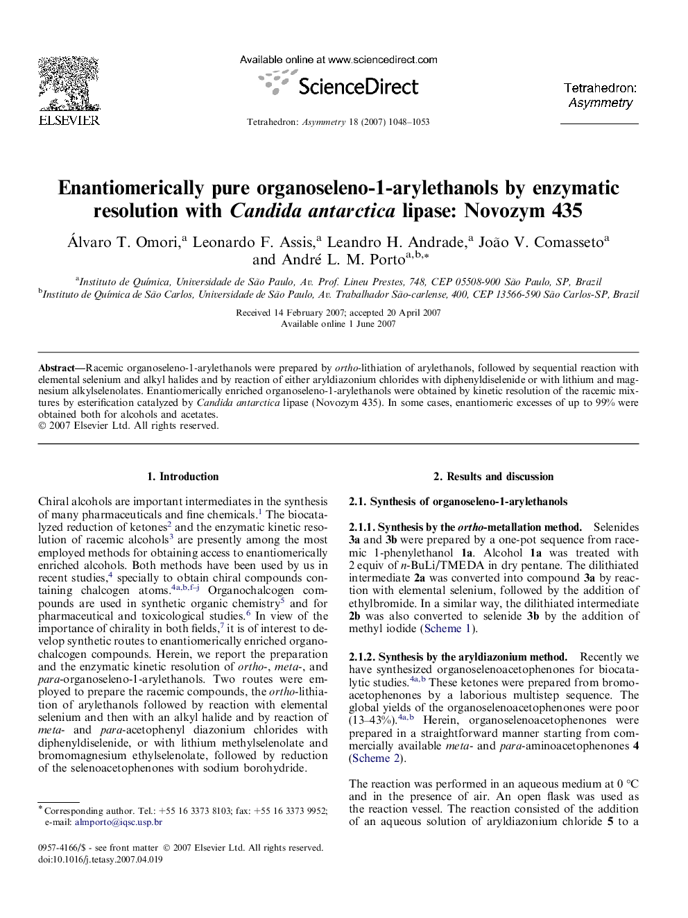 Enantiomerically pure organoseleno-1-arylethanols by enzymatic resolution with Candida antarctica lipase: Novozym 435