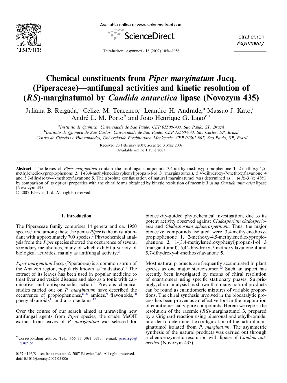Chemical constituents from Piper marginatum Jacq. (Piperaceae)—antifungal activities and kinetic resolution of (RS)-marginatumol by Candida antarctica lipase (Novozym 435)