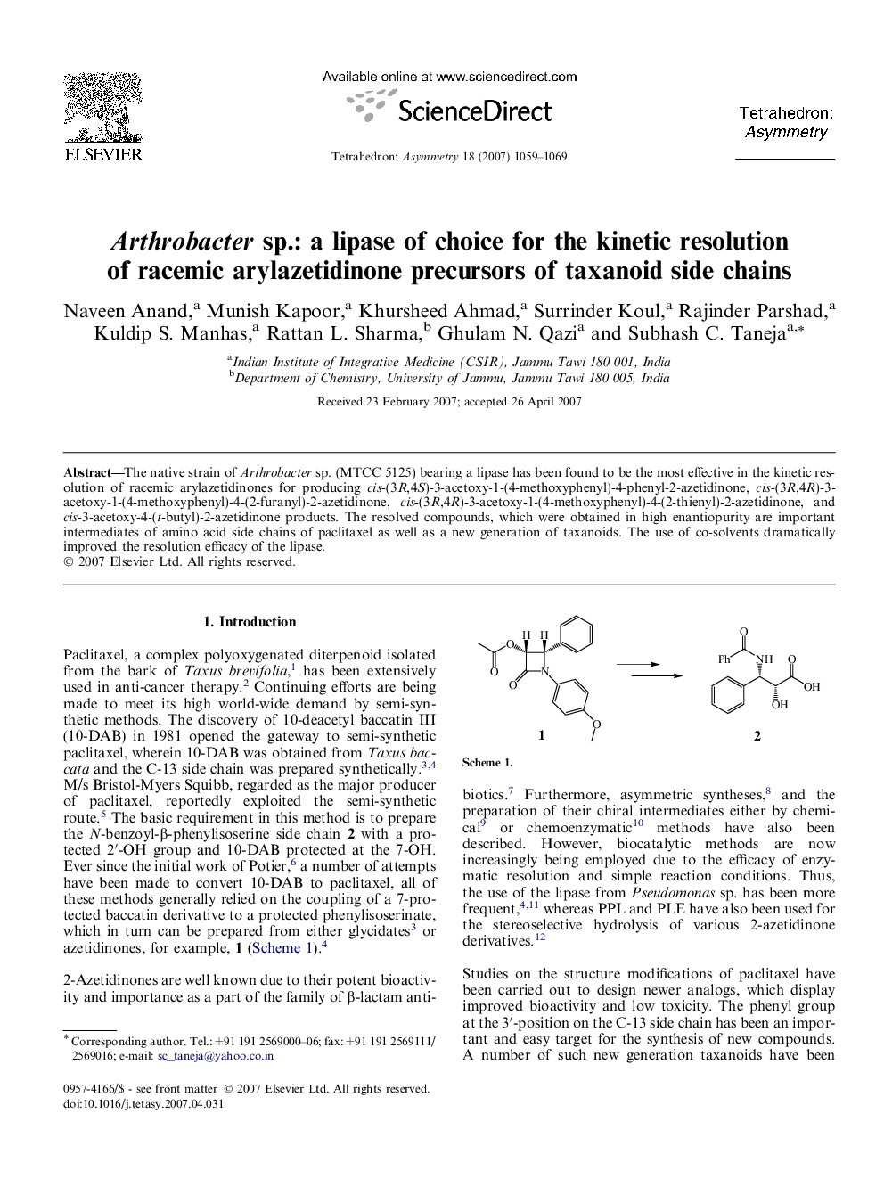 Arthrobacter sp.: a lipase of choice for the kinetic resolution of racemic arylazetidinone precursors of taxanoid side chains
