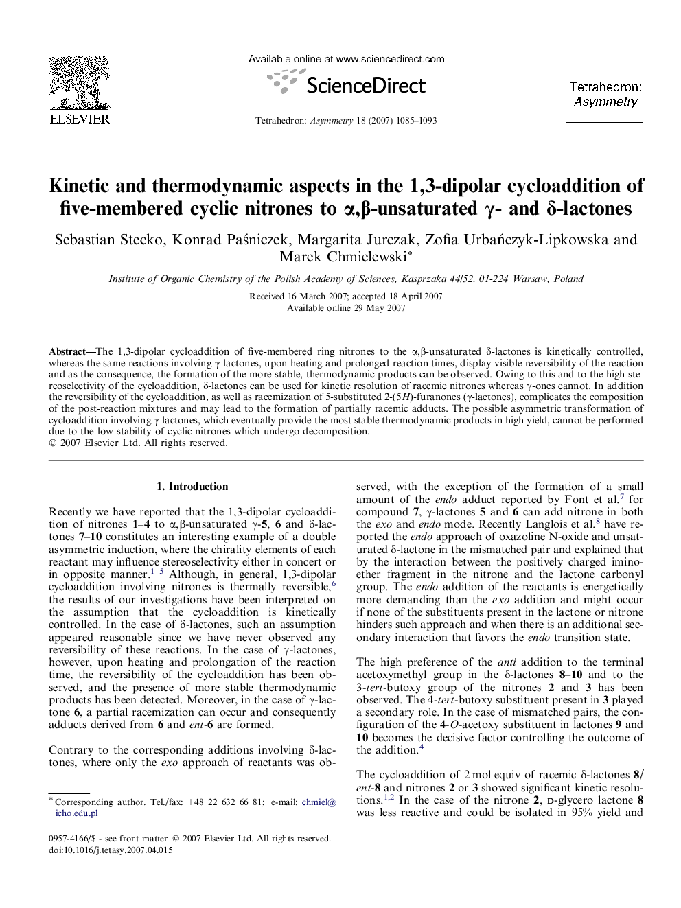 Kinetic and thermodynamic aspects in the 1,3-dipolar cycloaddition of five-membered cyclic nitrones to α,β-unsaturated γ- and δ-lactones