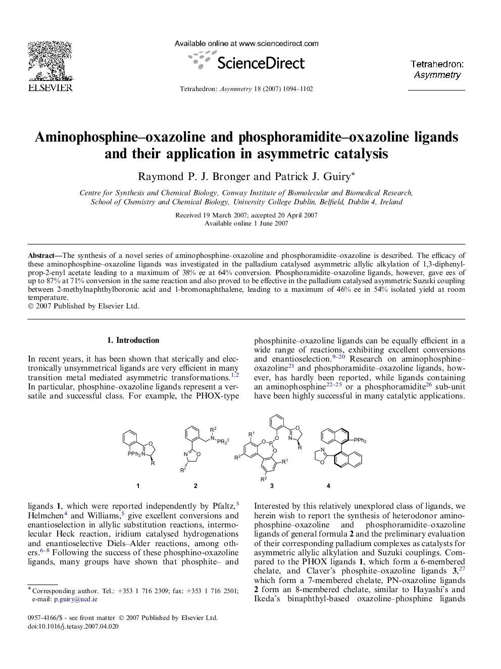 Aminophosphine–oxazoline and phosphoramidite–oxazoline ligands and their application in asymmetric catalysis