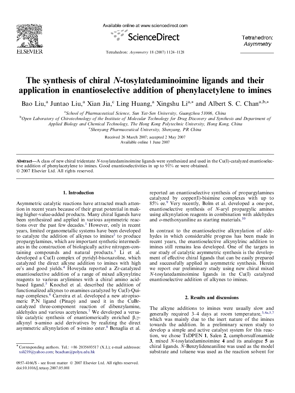 The synthesis of chiral N-tosylatedaminoimine ligands and their application in enantioselective addition of phenylacetylene to imines