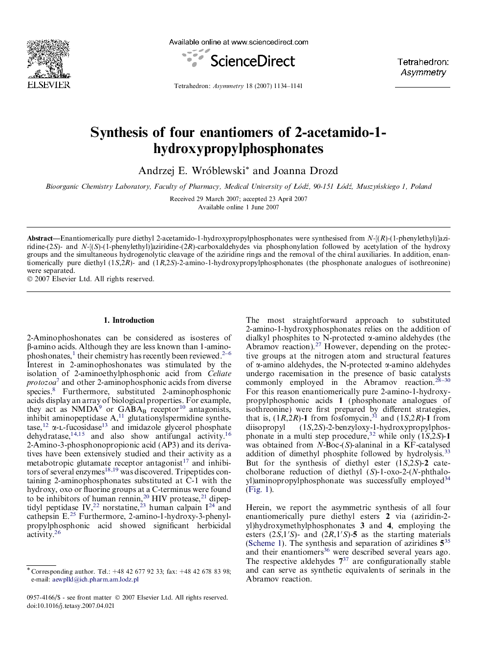 Synthesis of four enantiomers of 2-acetamido-1-hydroxypropylphosphonates