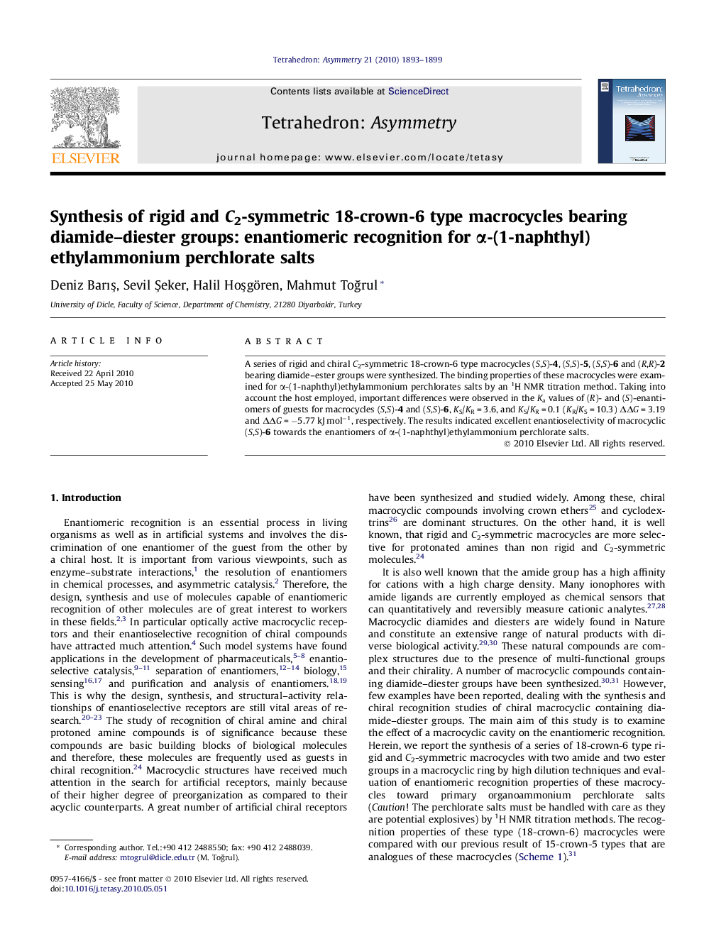 Synthesis of rigid and C2-symmetric 18-crown-6 type macrocycles bearing diamide–diester groups: enantiomeric recognition for α-(1-naphthyl)ethylammonium perchlorate salts