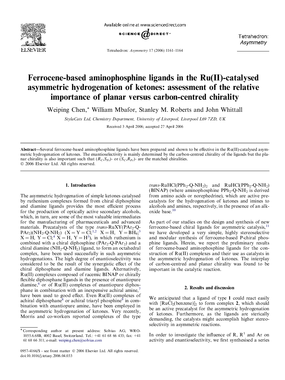 Ferrocene-based aminophosphine ligands in the Ru(II)-catalysed asymmetric hydrogenation of ketones: assessment of the relative importance of planar versus carbon-centred chirality