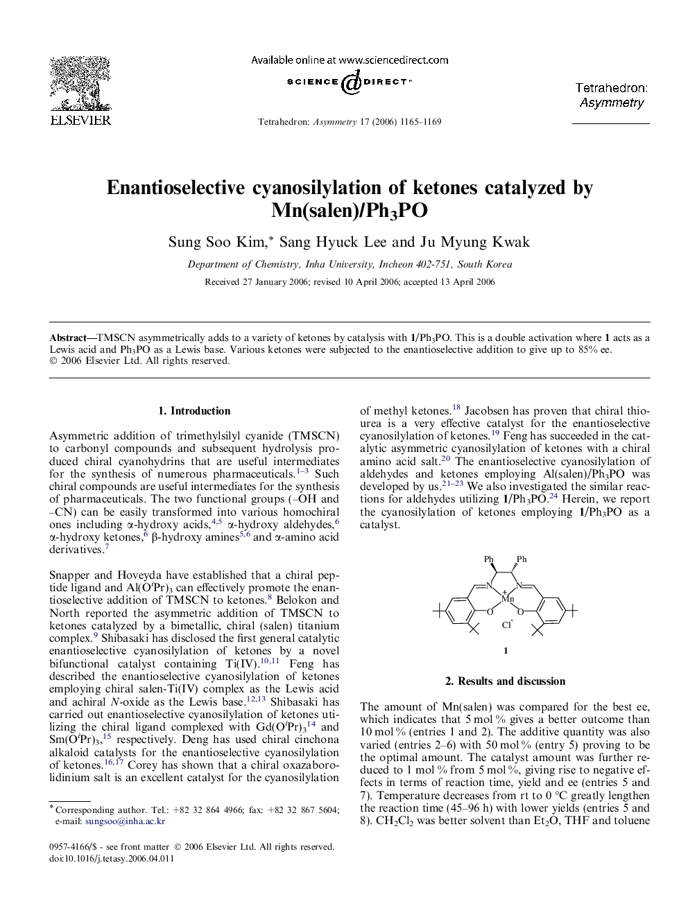 Enantioselective cyanosilylation of ketones catalyzed by Mn(salen)/Ph3PO