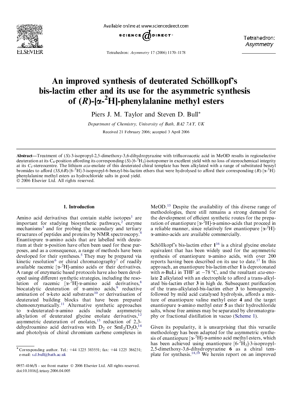 An improved synthesis of deuterated Schöllkopf’s bis-lactim ether and its use for the asymmetric synthesis of (R)-[α-2H]-phenylalanine methyl esters