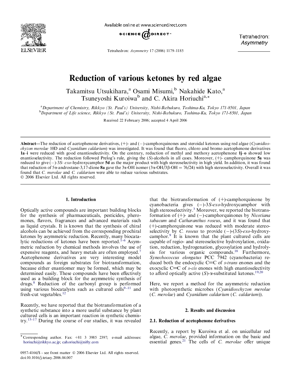 Reduction of various ketones by red algae