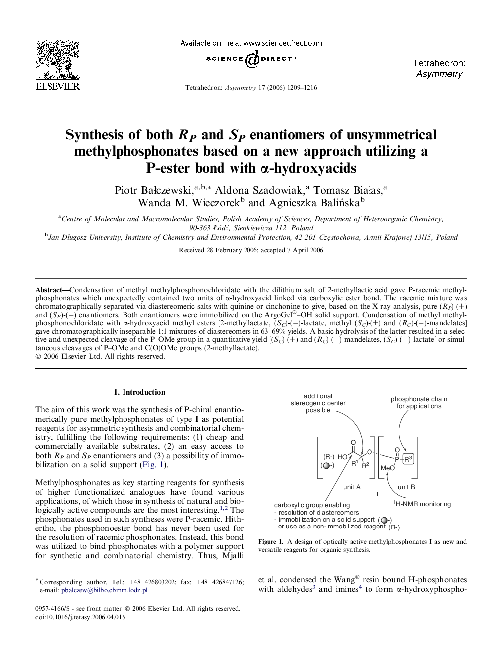 عکس صفحه اول مقاله: Synthesis of both RP and SP enantiomers of unsymmetrical methylphosphonates based on a new approach utilizing a P-ester bond with α-hydroxyacids Synthesis of both RP and SP enantiomers of unsymmetrical methylphosphonates based on a new approach utilizing a P-ester bond with α-hydroxyacids