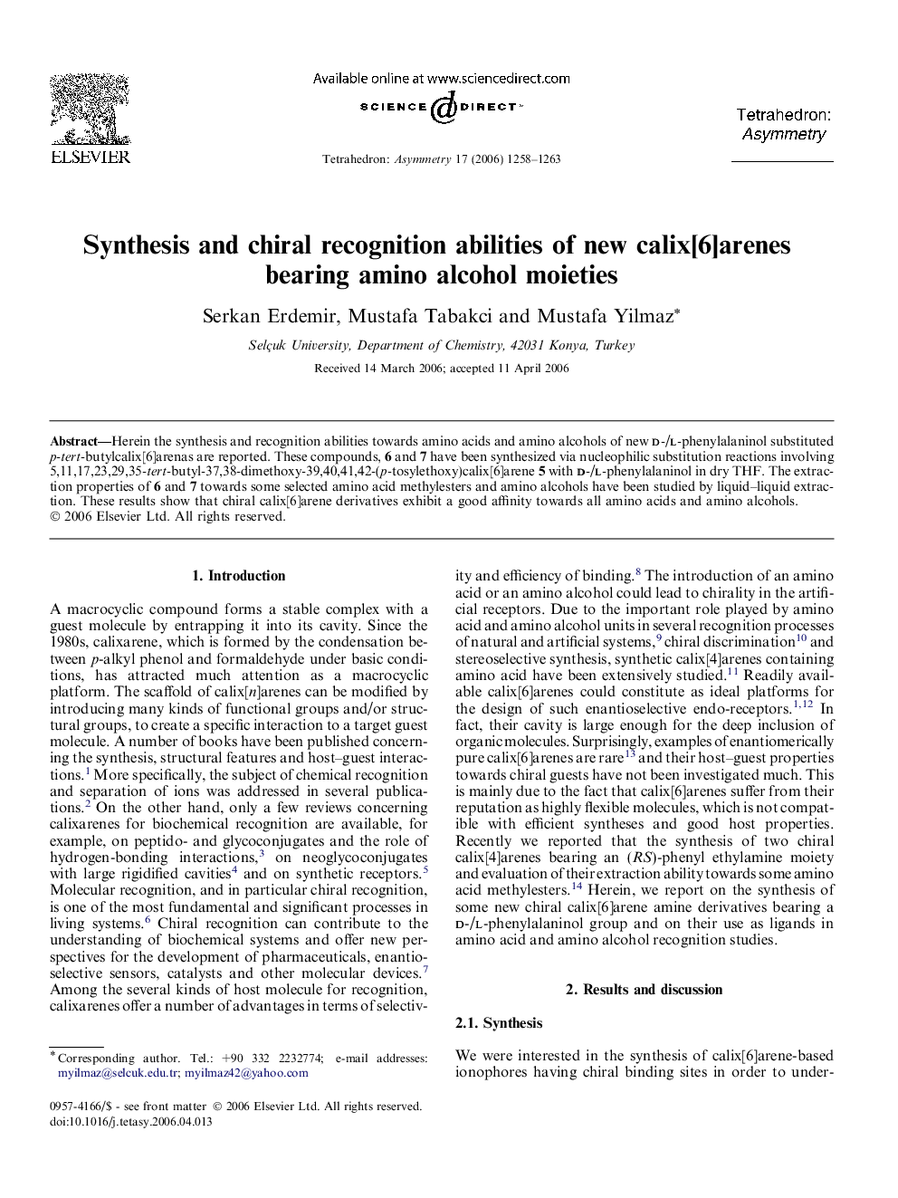 Synthesis and chiral recognition abilities of new calix[6]arenes bearing amino alcohol moieties
