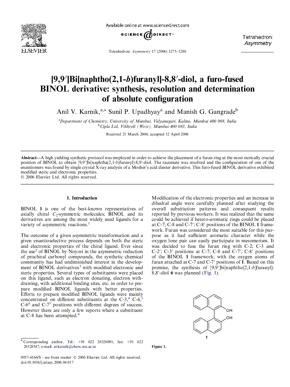 [9,9′]Bi[naphtho(2,1-b)furanyl]-8,8′-diol, a furo-fused BINOL derivative: synthesis, resolution and determination of absolute configuration