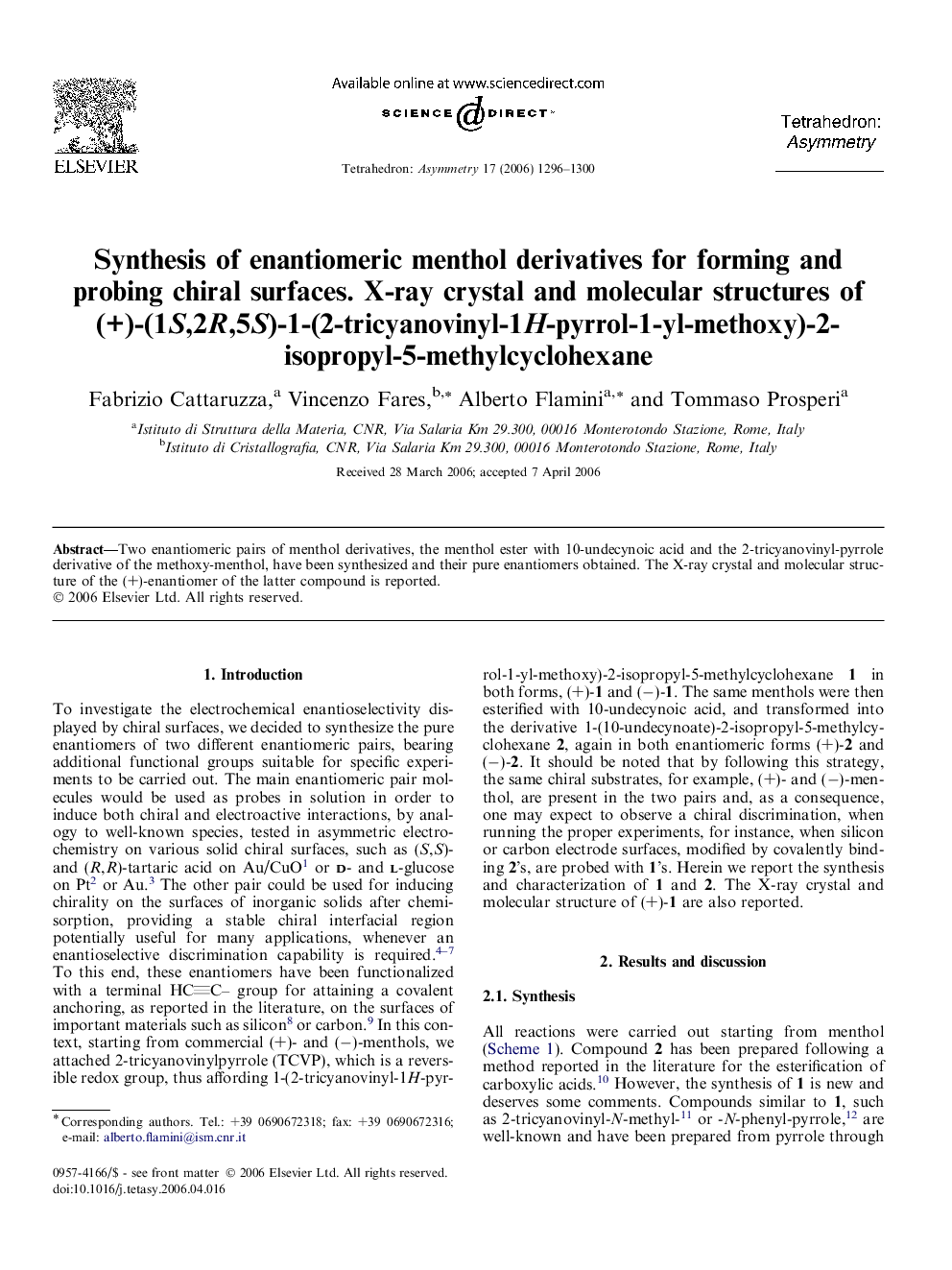 Synthesis of enantiomeric menthol derivatives for forming and probing chiral surfaces. X-ray crystal and molecular structures of (+)-(1S,2R,5S)-1-(2-tricyanovinyl-1H-pyrrol-1-yl-methoxy)-2-isopropyl-5-methylcyclohexane