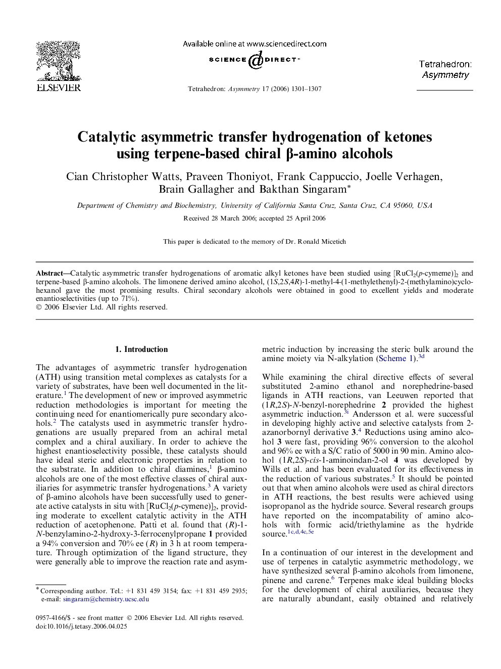 Catalytic asymmetric transfer hydrogenation of ketones using terpene-based chiral β-amino alcohols
