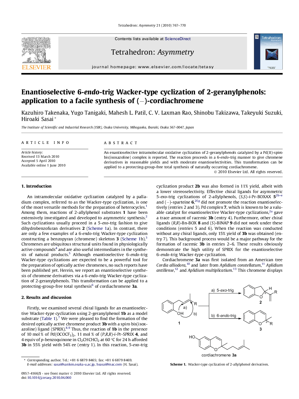Enantioselective 6-endo-trig Wacker-type cyclization of 2-geranylphenols: application to a facile synthesis of (−)-cordiachromene