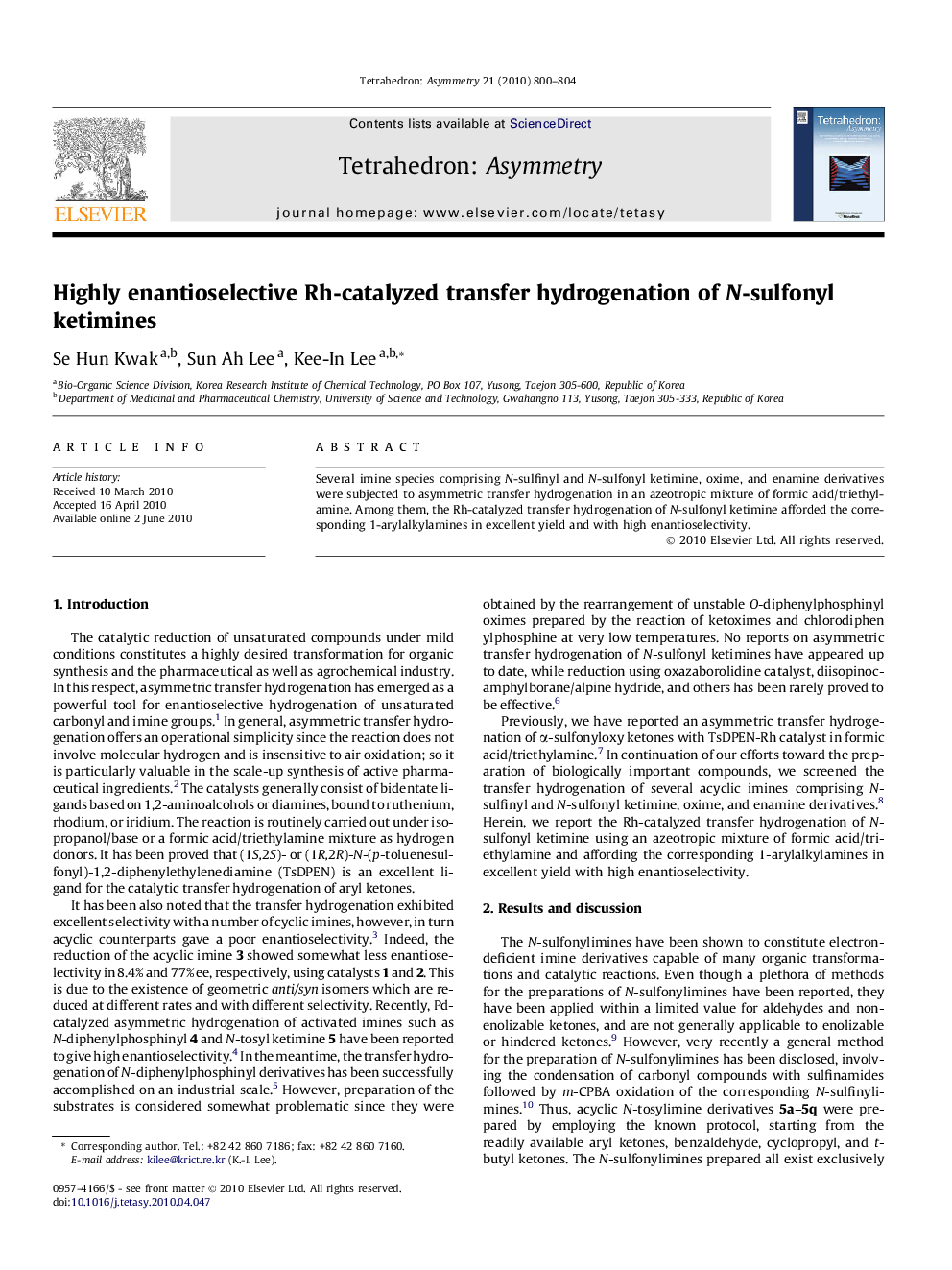 Highly enantioselective Rh-catalyzed transfer hydrogenation of N-sulfonyl ketimines