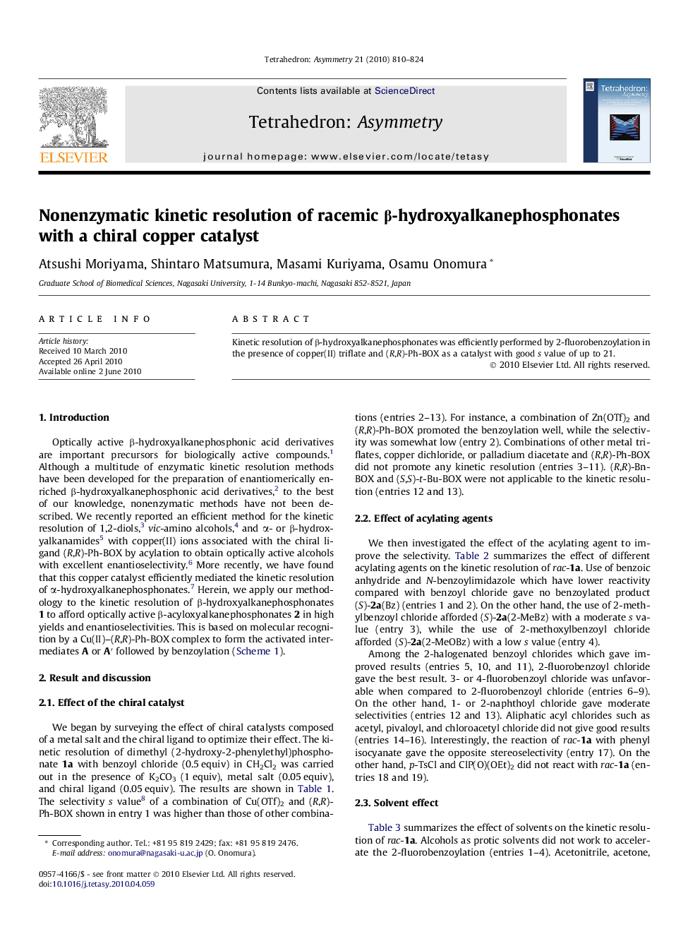 Nonenzymatic kinetic resolution of racemic β-hydroxyalkanephosphonates with a chiral copper catalyst