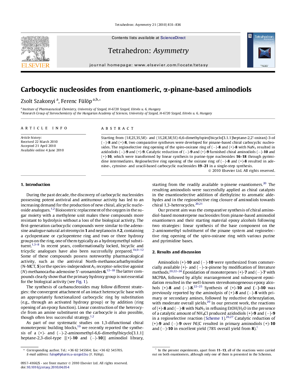 Carbocyclic nucleosides from enantiomeric, α-pinane-based aminodiols