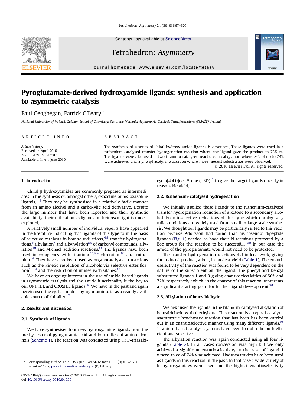 Pyroglutamate-derived hydroxyamide ligands: synthesis and application to asymmetric catalysis