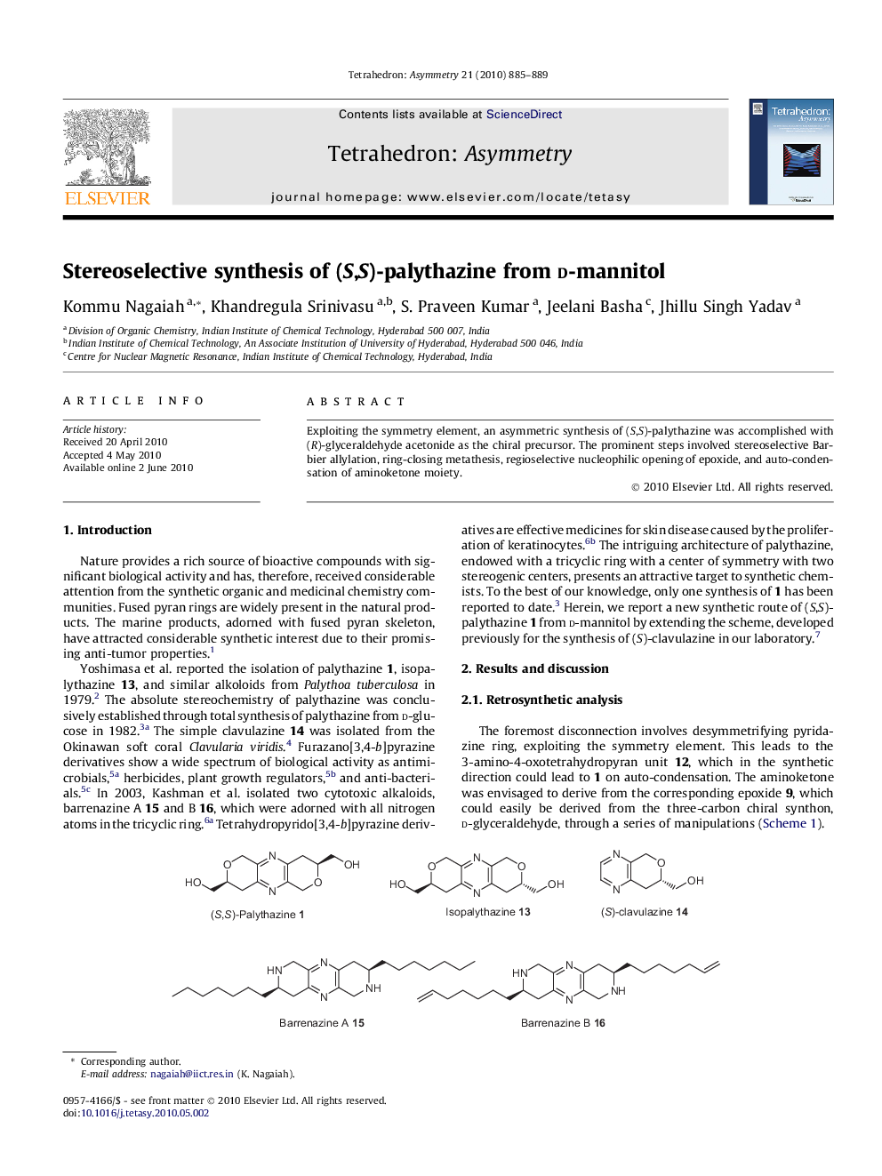 Stereoselective synthesis of (S,S)-palythazine from d-mannitol