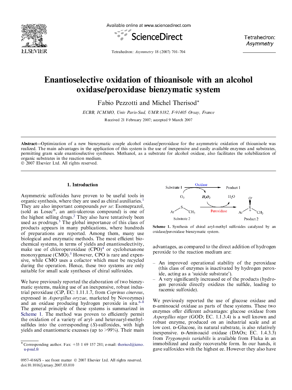 Enantioselective oxidation of thioanisole with an alcohol oxidase/peroxidase bienzymatic system