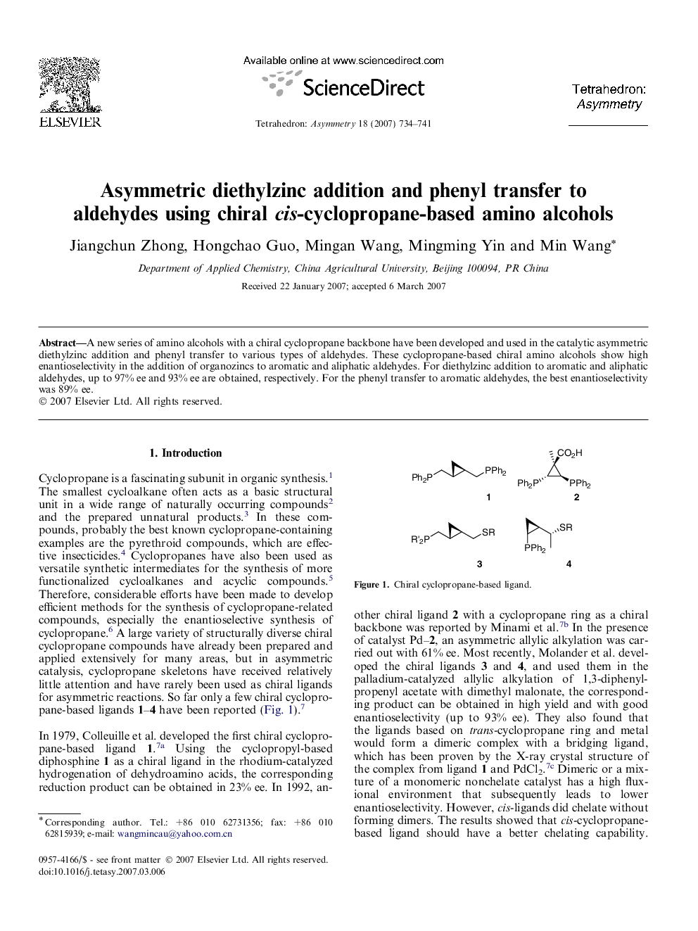 Asymmetric diethylzinc addition and phenyl transfer to aldehydes using chiral cis-cyclopropane-based amino alcohols