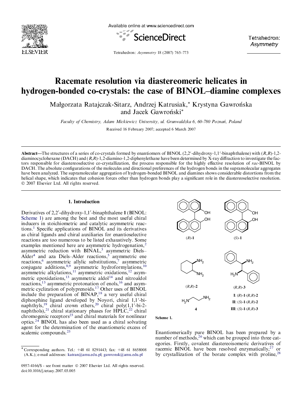 Racemate resolution via diastereomeric helicates in hydrogen-bonded co-crystals: the case of BINOL–diamine complexes