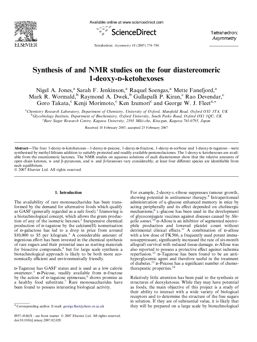Synthesis of and NMR studies on the four diastereomeric 1-deoxy-d-ketohexoses